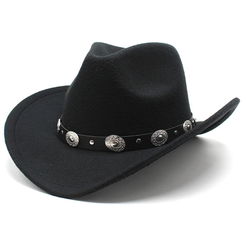 Zachodni kapelusz kowbojski dla mężczyzn kobiety wełna filcowa jesień zima Vintage szerokie rondo kapelusze kapelusze Cowgirl brytyjski styl kościół Jazz kapelusze