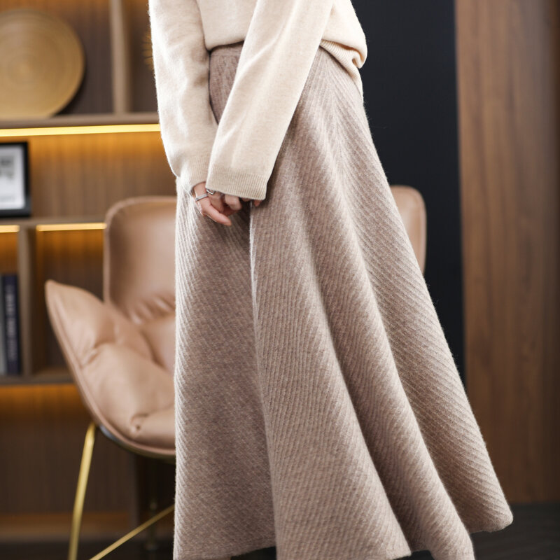 100% Saia De Lã Pura Outono E Inverno das Mulheres Novo Mid-Length Cintura Alta Saia Em Forma De Lã Coreano De Malha Guarda-chuva Saia