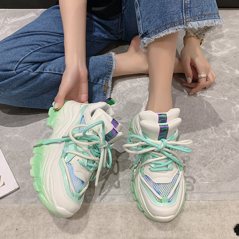 Women's Chunky Sneakers Thick Bottom Platform Vulcanize Shoes Green Purple Fashion Breathable Casual Training Shoes Woman Female