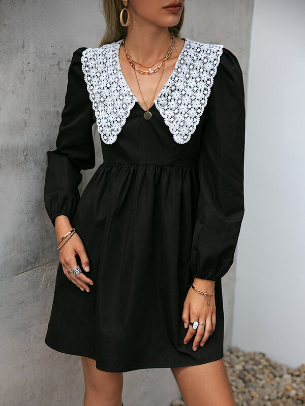 Vintage peter pan collar black women lace dress Puff sleeve v-neck smock mini dresses A-line high waist loose vestidos