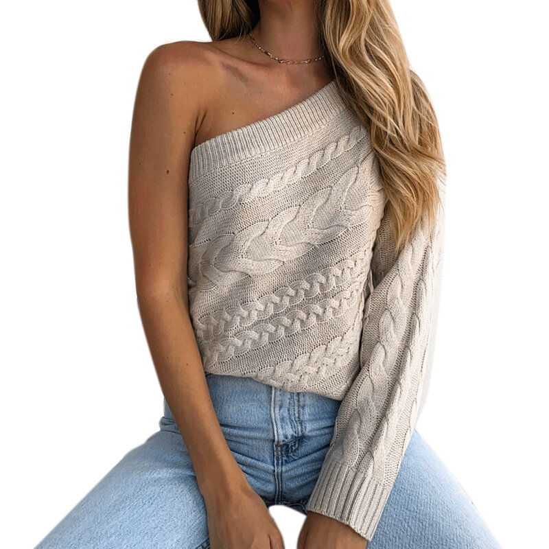 Spring Autumn Women Long Sleeves Casual Sweaters Sexy One Shoulder Sweater Warm Chic Pullover Knitted Tops Knitwear Apricot