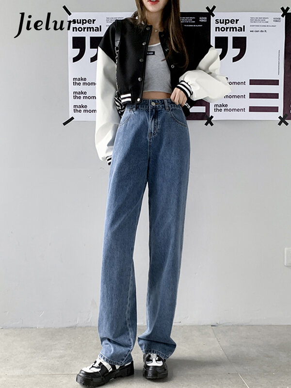 Jieur Jeans Kaki Lurus untuk Wanita Pinggang Tinggi 2022 Celana Denim Trendi Celana Jeans Ibu Celana Longgar Kasual Celana Nyaman Longgar