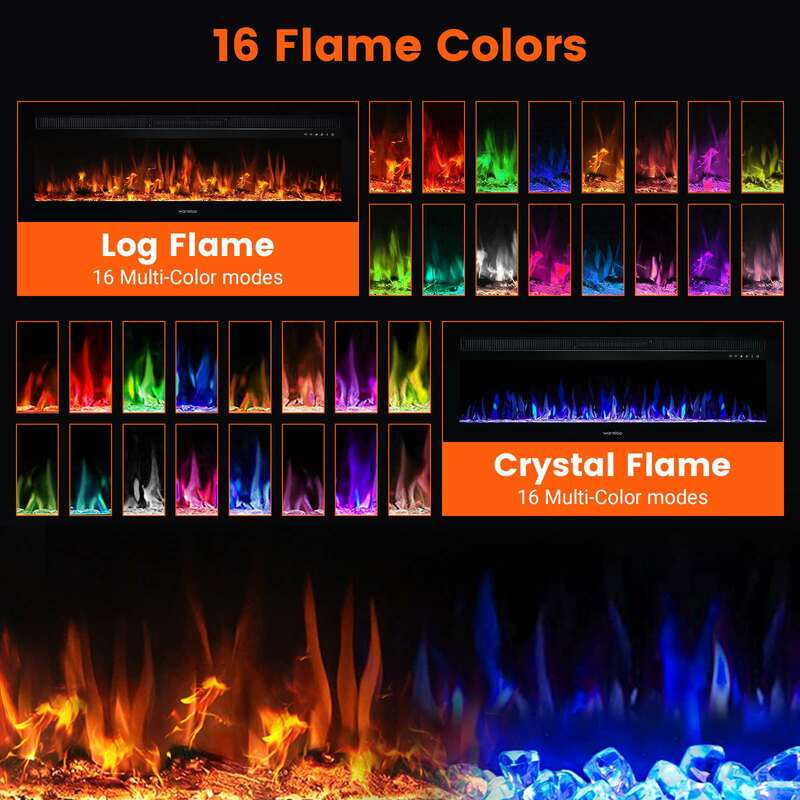 50'' Electric Fireplace Recessed Wall Mounted 1400W Fireplace Linear Heater Timer 16 Colors Flames Touch Screen Remote Control