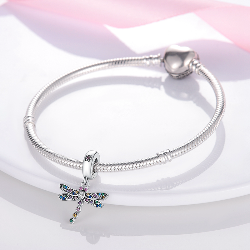 100% 925 Sterling Silver Shiny Dragonfly Charm For Original Pandora's Silver DIY Bracelet Bangle Jewelry Make beads KJC169