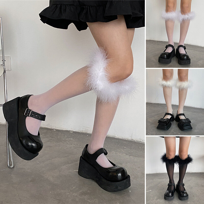 1Pair Women Sexy Feather High Knee Socks Transparent solid color Ultra-thin Leg Socks Summer Cute Hairy Knee Socks JK Lolita