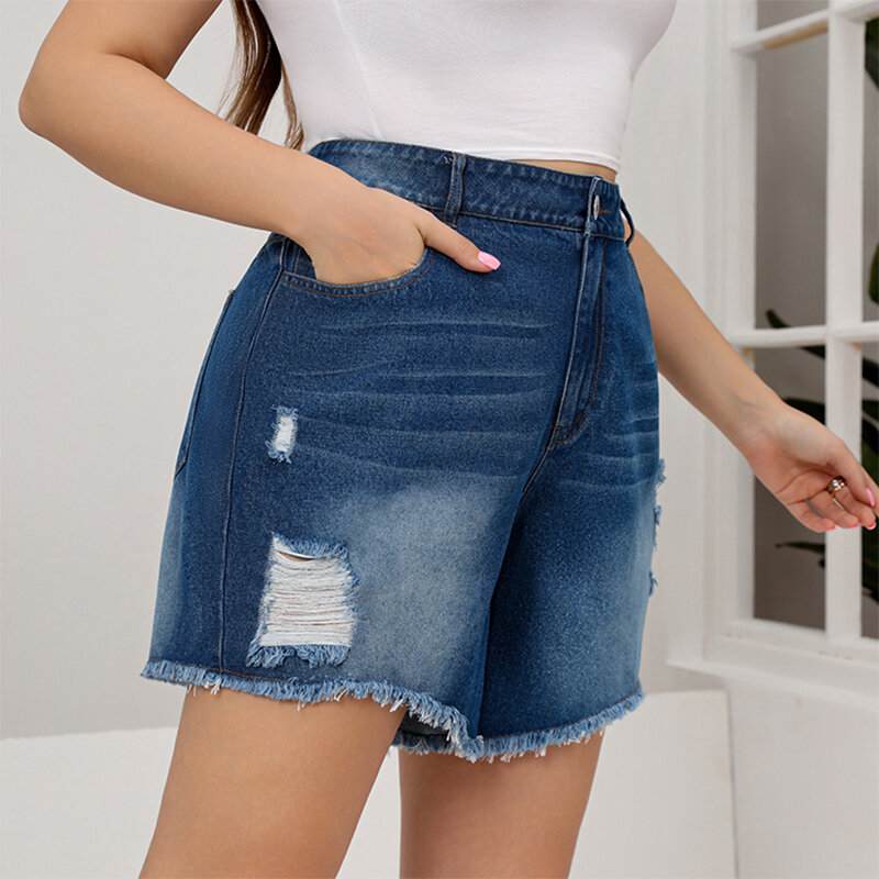 Celana Pendek Jeans Lurus Pinggang Tinggi Wanita Ukuran Besar Warna Solid Elastis Lubang Longgar Kasual Tombol Tertekan Denim Fashion Saku