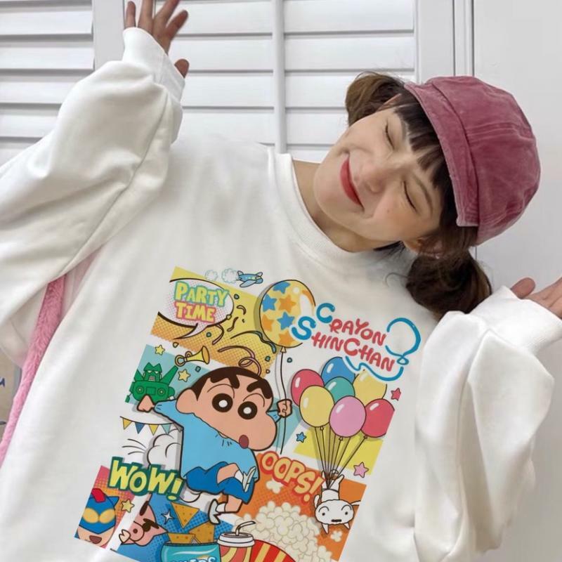 Crayon Shin-Chan Round Neck Sweater Lady Loose Cartoon Print Students Casual Hoodies S-3Xl Kawaii Anime Plush for Couples Dress