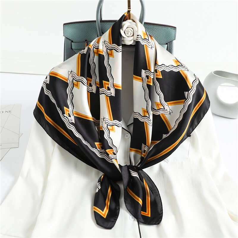 2021 Satén de seda hiyab de bufanda cuadrada Bandana mujeres abrigo y diademas de chales cuadros pañuelo Haid banda Foulard 90*90cm