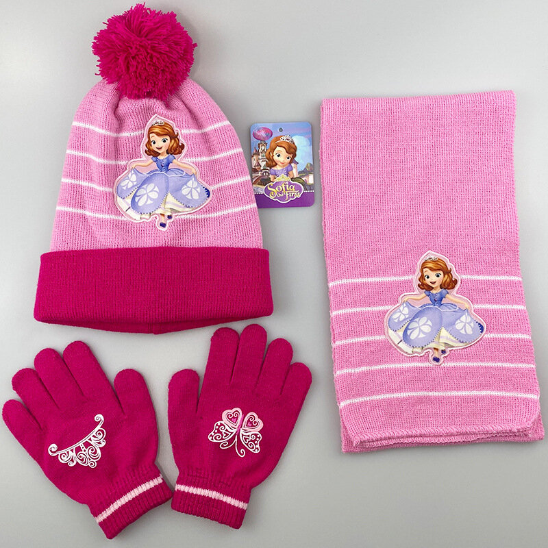 Chapéu de três peças, lenço, luvas, terno quente das crianças, inverno macio chapéu de lã princesa para meninas 7-12 anos de idade