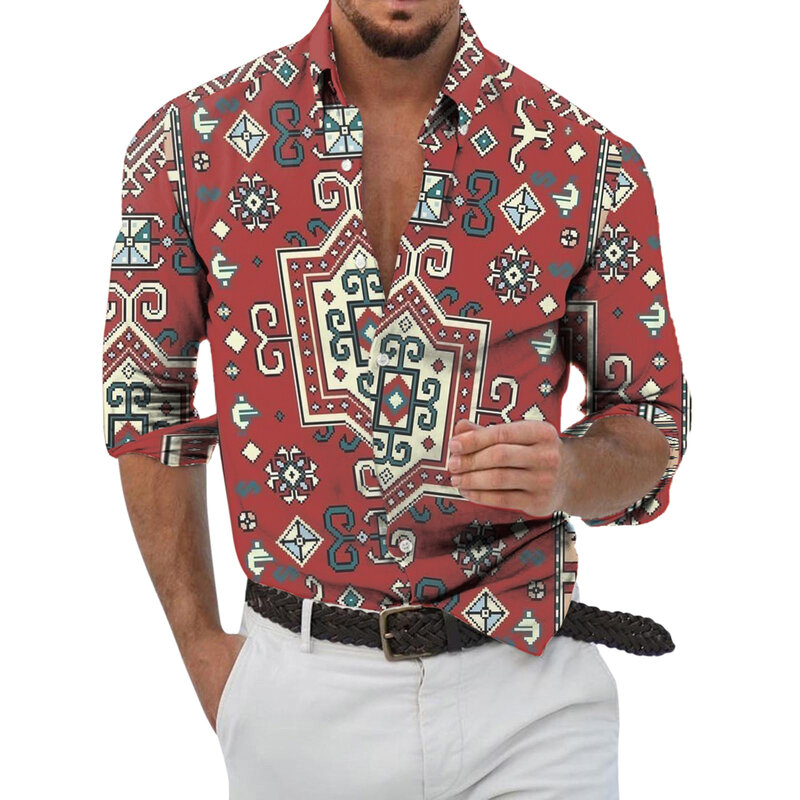 Men Fashion Casual Fashionable Azik Print 3D Digital Workout Shirt Long Sleeve Men Utility Short Lightweight Shirt for Men