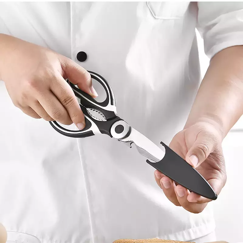 4-em-1 tesoura de cozinha faca de corte de aço inoxidável tesoura de corte de carne para peixe frango osso saca-rolhas peixe raspagem dispositivo