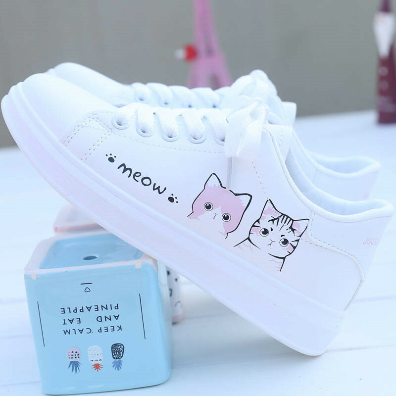 2020 새로운 도착 패션 레이스 업 여성 스 니 커 즈 여성 캐주얼 신발 인쇄 여름 여성 Pu 신발 귀여운 고양이 캔버스 신발