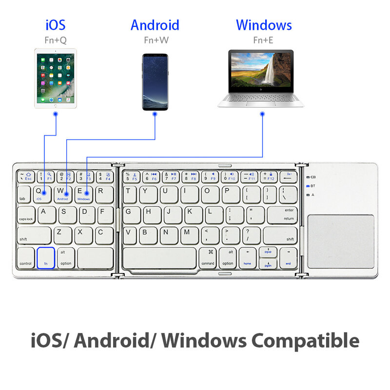 สามระบบ Universal แบบพกพาพับคีย์บอร์ดบลูทูธไร้สายแบบพับเก็บได้แป้นพิมพ์ทัชแพดสำหรับ IOS/Android/Window