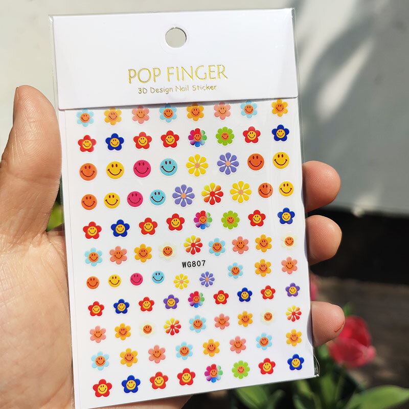 Autocollants pour ongles 3D motif fleurs colorées Smiley, 10 pièces, nouvel artisanat, mignon, couleur bonbon, ligne d'origine