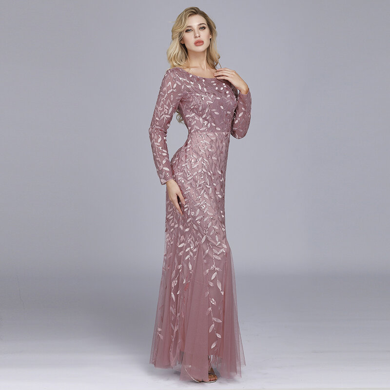 O-Neck Long Sleeves Mermaid Evening Dresses with Sequins Lace Appliques Elegant Women Dresses for Party and Wedding