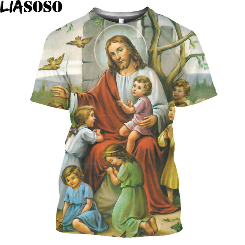 Beijie religião cristo jesus deus camiseta masculina das mulheres topos vintage streetwear harajuku casual desenho animado pintura 3d camiseta roupas