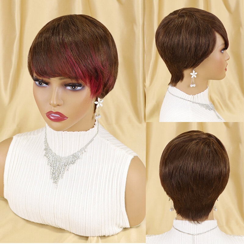 Parrucca colorata corta Pixie Cut per donne nere capelli umani lisci bordeaux con frangia Glueless capelli brasiliani castani naturali Ombre