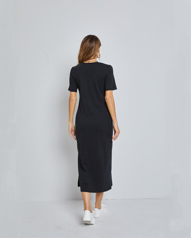 Maxi Long T Shirt Dress Women 2023 Summer Festive Elegant Cotton Black Black Short Sleeve Casual Dresses Split Skirt