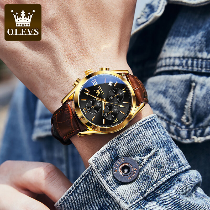OLEVS ควอตซ์มัลติฟังก์ชั่นสามตาหกมือนาฬิกาผู้ชายกันน้ำ PU สายนาฬิกาผู้ชายนาฬิกาข้อมือ Luminous Chronograph