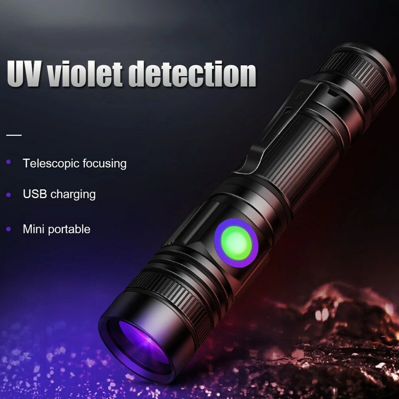 Luz LED UV de 365nm con carga USB, linterna ultravioleta con zoom, Detector de manchas de orina de mascotas, linterna de escorpión, 3400mAh