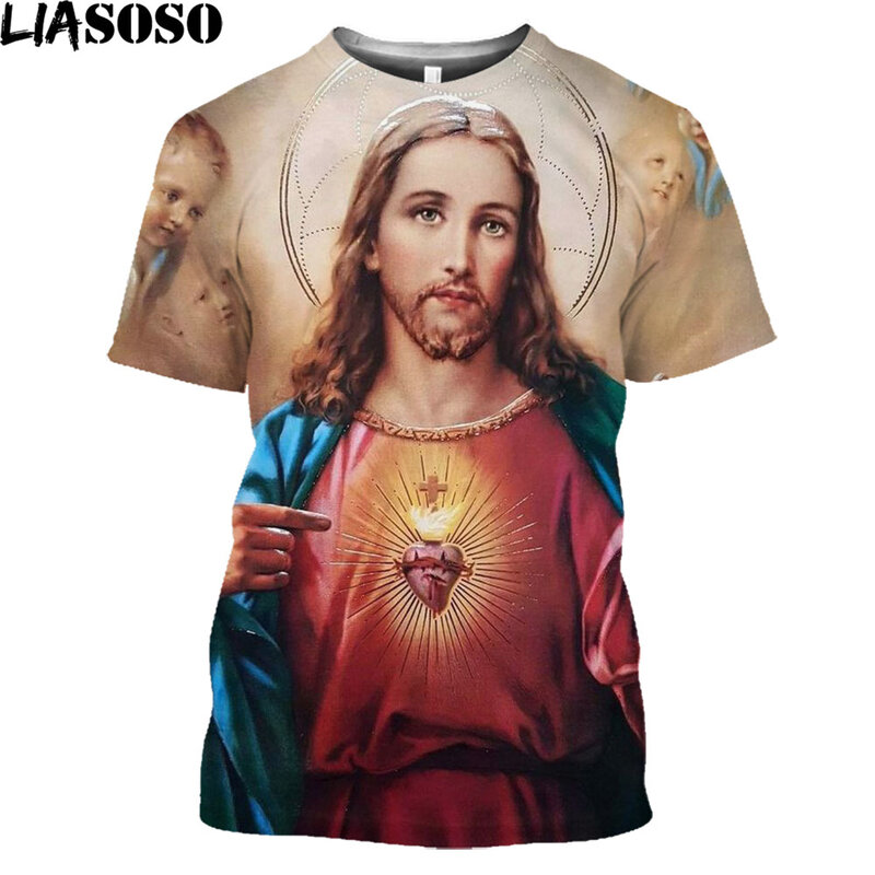 Beijie religião cristo jesus deus camiseta masculina das mulheres topos vintage streetwear harajuku casual desenho animado pintura 3d camiseta roupas