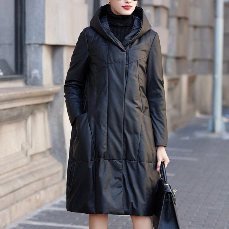 Легкая кожаная куртка с женским капюшоном, Длинная зимняя Свободная куртка из овечьей шерсти с капюшоном прямого покроя