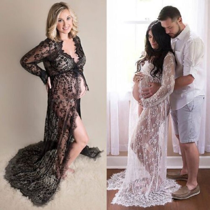 Verão vestido de renda das mulheres grávidas frente split longo maxi vestido de maternidade preto e branco vestido de renda fotografia prop saia