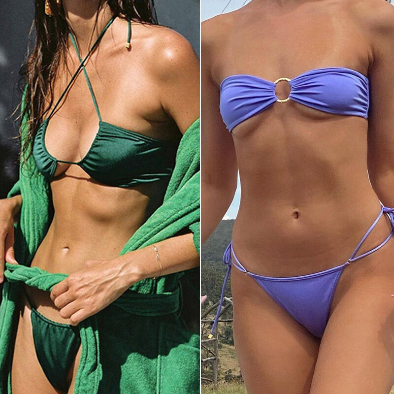 Bikini con pliegues para mujer, traje de baño con realce, Color sólido, Sexy, ropa de playa, 2021