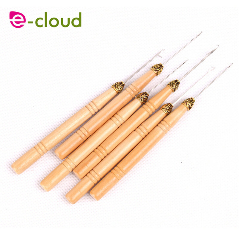 5pcs Wooden Handle Hook Needle with Iron Wire Hair Extension Tools Lace Wig Making Knitting Micro Ring Loop Weaving Crochet