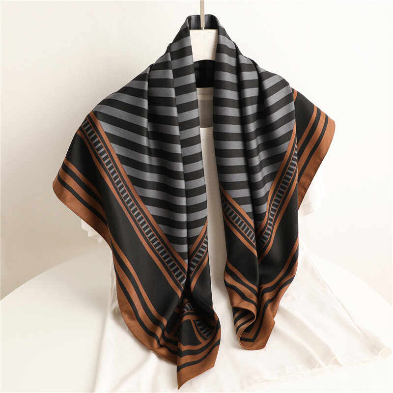 Bufanda cuadrada de sarga para mujer, pañuelo de seda satinada con estampado de tiras, Hijab Foulard, chal, 90x90cm, 2022