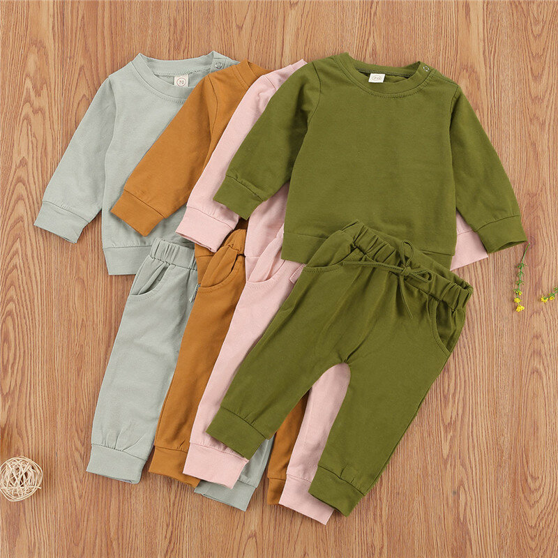 2 pçs bebê recém-nascido infantil meninas meninos roupas de cor sólida infantil manga longa em torno do pescoço pulôver bolsos laterais cordão calças