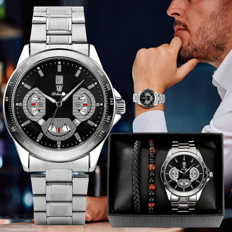 Męski zegarek kwarcowy ze stali nierdzewnej luksusowy zegarek z kalendarzem mody z zestaw bransoletek prezent dla mężczyzn Regalos Para Hombre