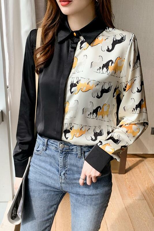 Camisa de manga larga para mujer, tops con patrón de animales, costura de color de contraste, top simple delgado de verano, primavera
