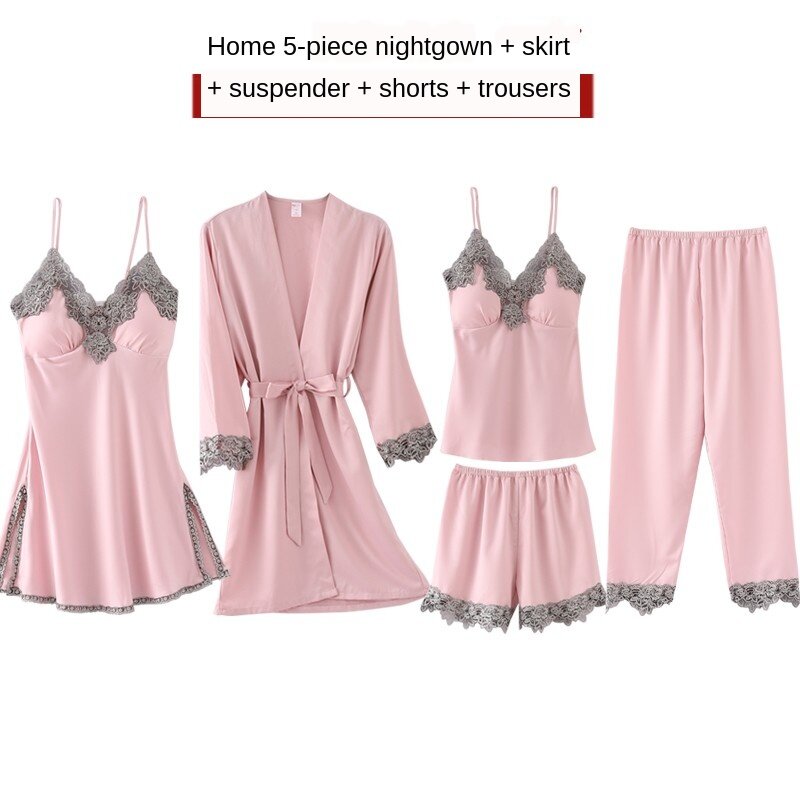 Summer Autumn Spring 5 Pieces Set Silk Elegant Women Pajamas Set Shorts Sleeve Top Elastic Waist Pants Lounge Sleepwear Set