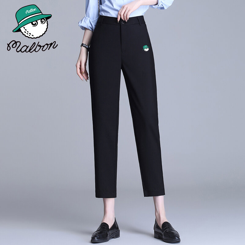 Malbon-Pantalon de golf taille haute pour femme, pantalon slim élastique, noir trempé à neuf points, polyvalent, version coréenne, printemps et automne 2023