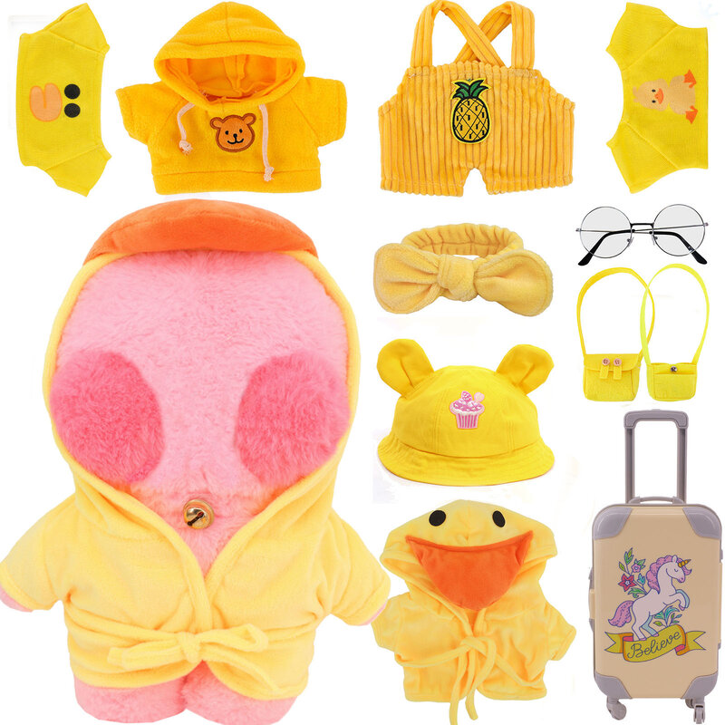 Amarelo série kawaii pato boneca camisola uniforme hairband óculos presente 30cm lalafanfan boneca de pelúcia acessórios da menina americana presentes