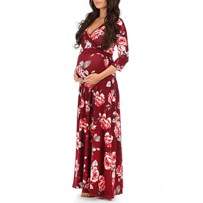 Novo vestido de mãe com decote em v, moda sensual para maternidade com manga de sete quartos, saia longa para mulheres grávidas, roupa fotográfica