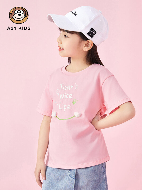 小さな女の子のためのカジュアルな笑顔のプリントコットンTシャツ,半袖,3〜12歳の子供服,夏のファッション2022
