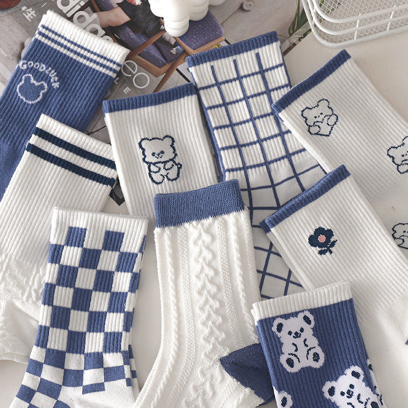 Mulher meias japão harajuku desenhos animados urso imprimir criativo listrado xadrez branco azul kawaii engraçado menina moda skate meias