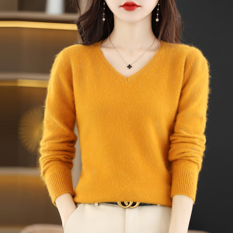 Flat V-Neck Mink Cashmere Sweater For Women Loose Pullover 2022 Autumn and Winter Contracted Commuter Basic Knitwear Top Base