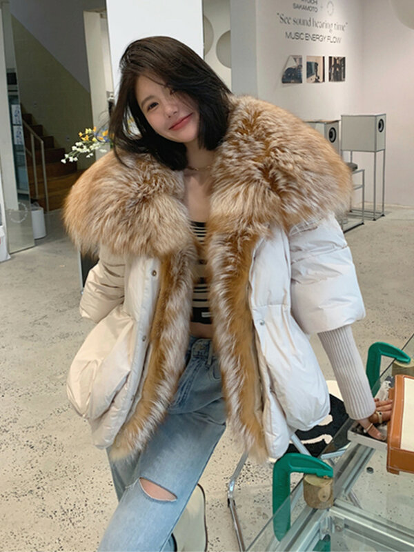 2023 New Autumn 90 Winter Goose Down Jacket Warm Women Coat Oversized Real Fox Fur Collar Thick Luxury Fashion Outerwear