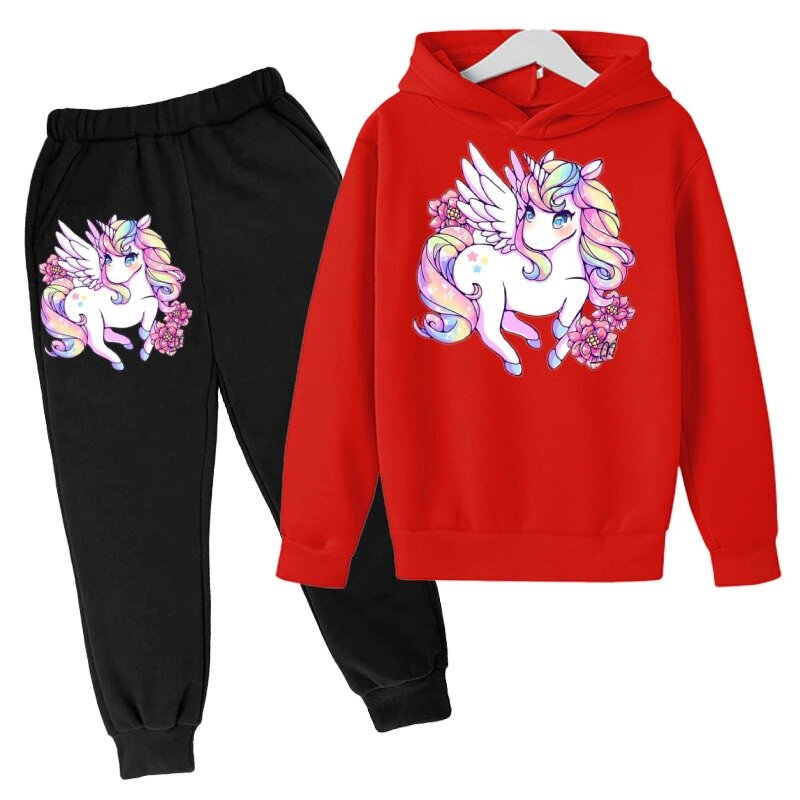Unicórnio rosa para meninas movimento hoodie crianças algodão terno superior + calças 2p crianças roupas primavera outono manter quente adolescentes roupas