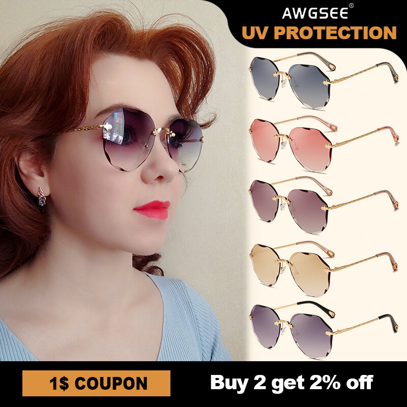 Gafas de sol de moda para mujer, lentes de corte de diamante sin montura, diseñador de marca, Ocean Shades, Vintage, con caja