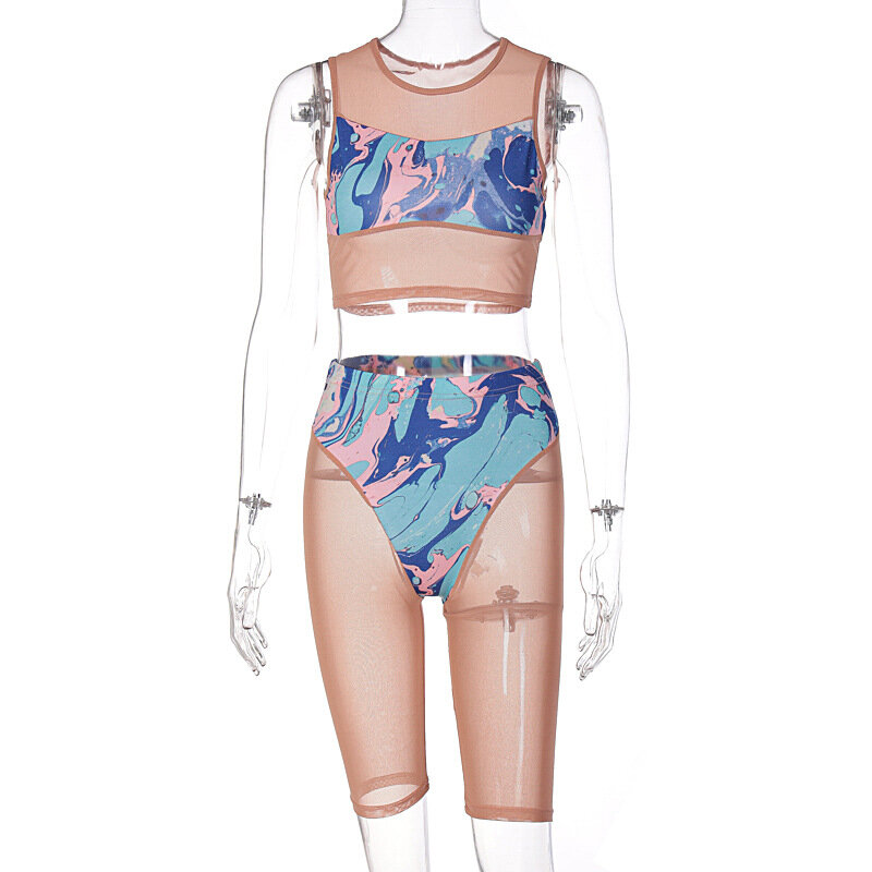 Wishyear 2022 Sexy Two Piece Set Summer Club Outfits Women Nude Sheer Mesh Insert Biker Shorts and Crop Top Matching Sets