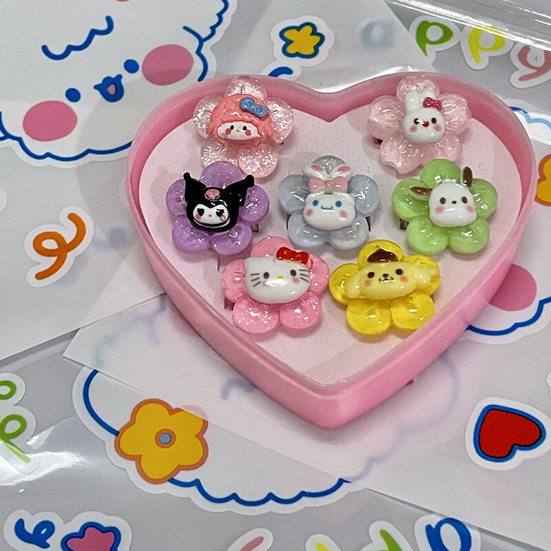 แพ็ค7ชิ้น Kawaii อะนิเมะ Sanrio แหวน Love กล่อง Hello Kitty กำไลข้อมือแบบเปิดแหวนการ์ตูน My Melody Cinnamoroll Kuromi Cincin Anak Perempuan