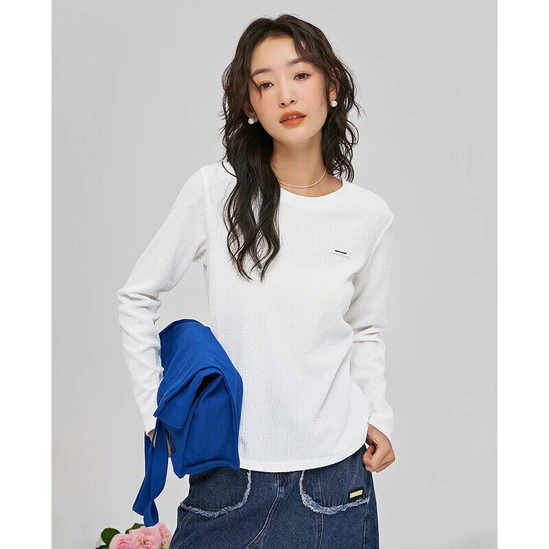 Toyouth t-shirt donna 2022 autunno manica lunga O collo t-shirt allentata Texture geometrica viola bianco Casual Streetwear top