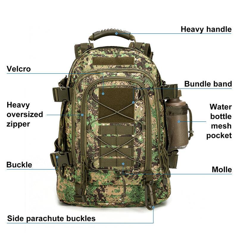 Mochila táctica de camuflaje de 60L para hombre, mochila militar expandible para senderismo de 3 días, 7 colores