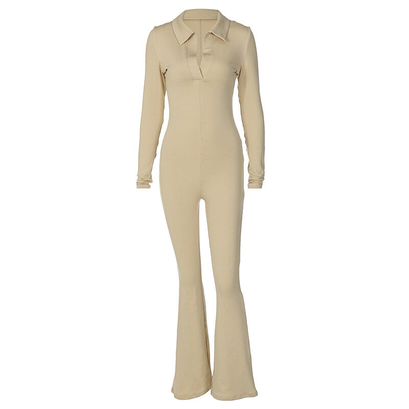 여성 Tracksuit 옷깃-긴팔 슬림 솔리드 컬러 와이드 레그 바지 패션 캐주얼 섹시한 원피스 바지 여성 샴 양복