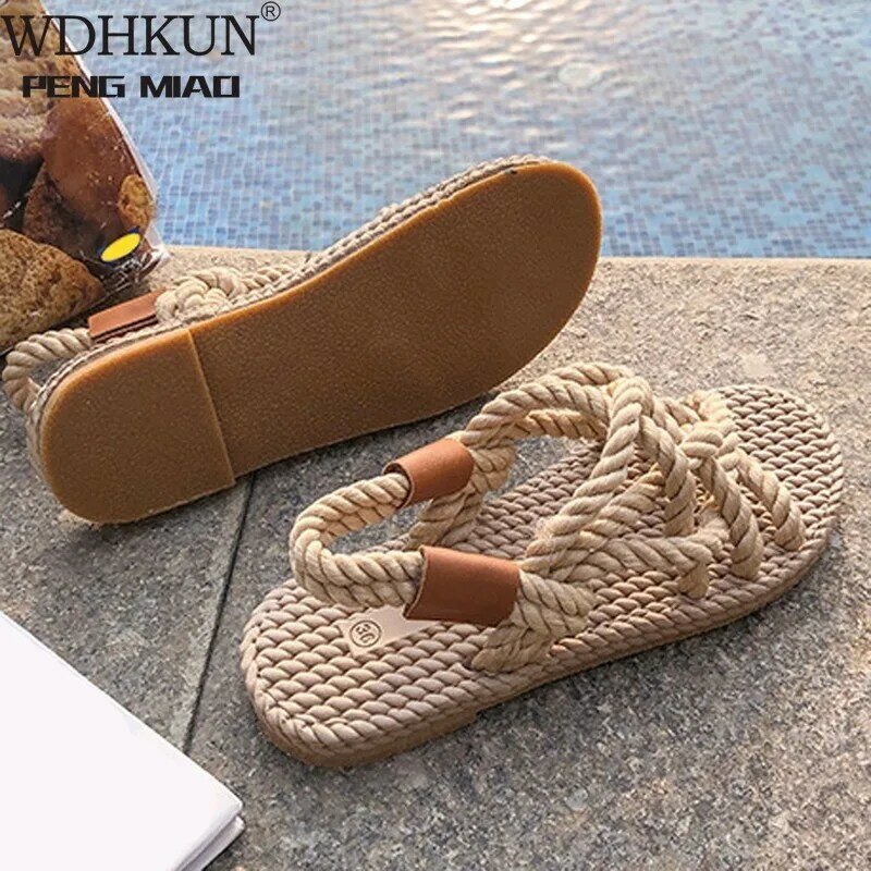 Sandalias de cuerda trenzada para mujer, zapatos informales sencillos, calzado tradicional, moda creativa para el verano
