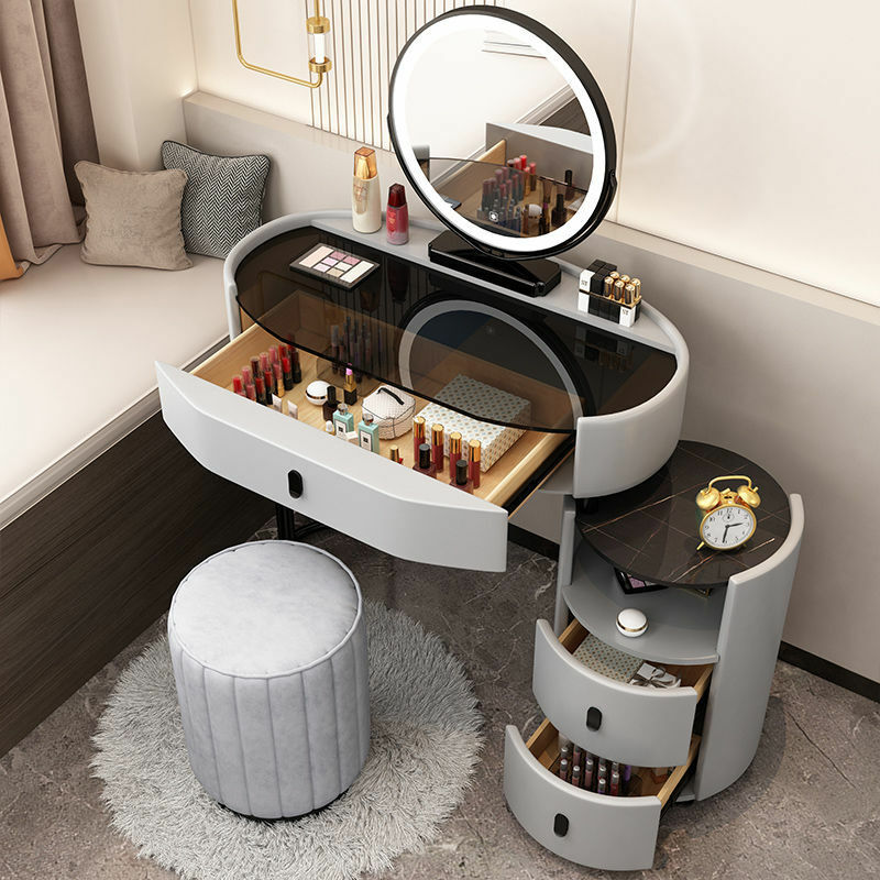 Tocador moderno con espejo para dormitorio, mesa de vidrio, armario de almacenamiento, tocador de maquillaje